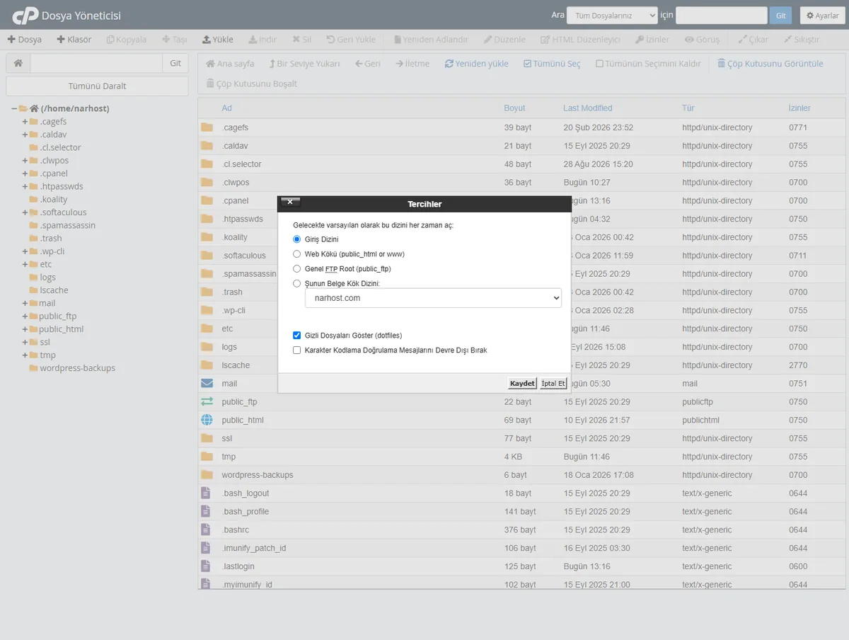 cPanel Dosya Yöneticisi'nde gizli dosyaları gösterme ayarı