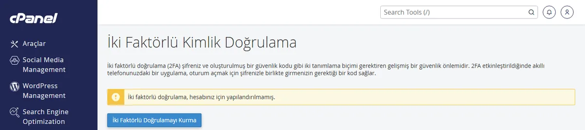 WordPress güvenlik eklentisi kurmadan önce cPanel'de iki adımlı doğrulama açma — İki Faktörlü Kimlik Doğrulama sayfası
