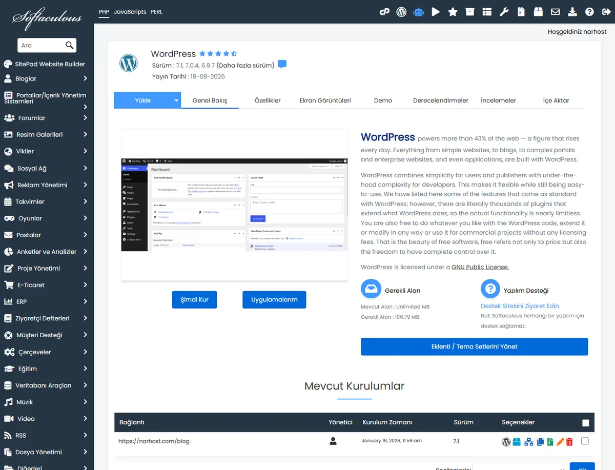 cPanel Softaculous'ta WordPress kurulum sekmesi, alan adı ve yönetici alanları