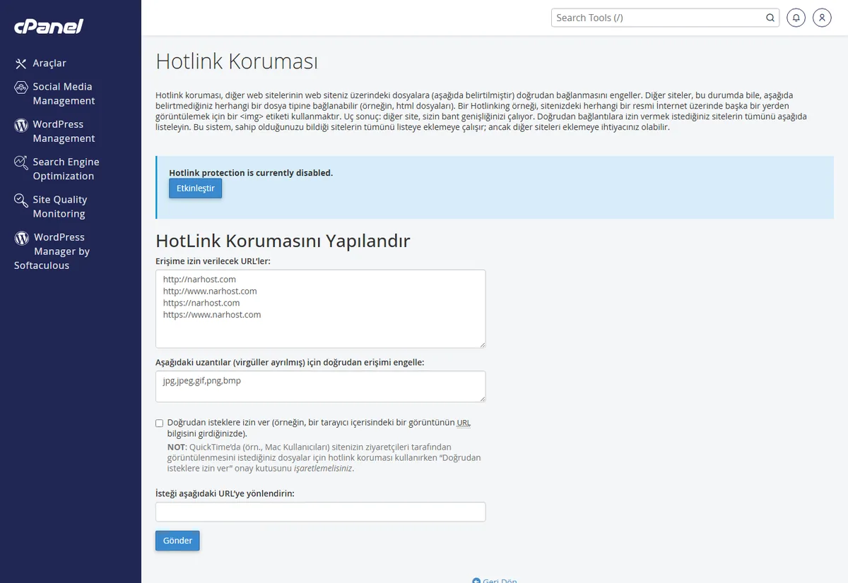 cPanel Hotlink Koruması ekranında izin verilen alan adları listesi