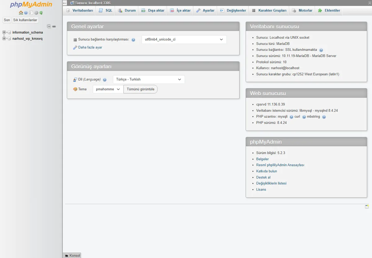 WordPress şifre sıfırlama için phpMyAdmin'de wp_users tablosunu açma — phpMyAdmin ekranı
