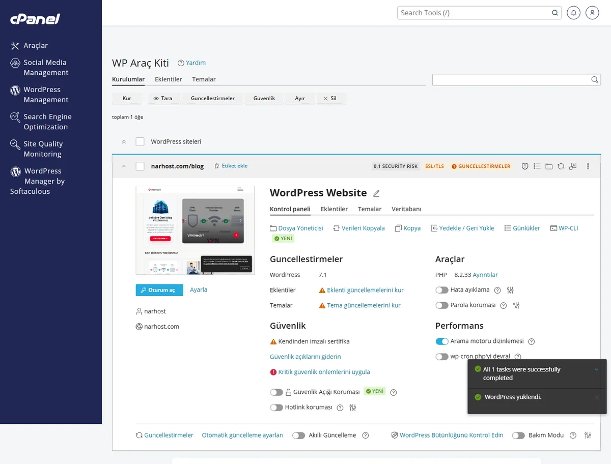 WP Toolkit üzerinden WordPress şifre sıfırlama — WordPress Management ekranı