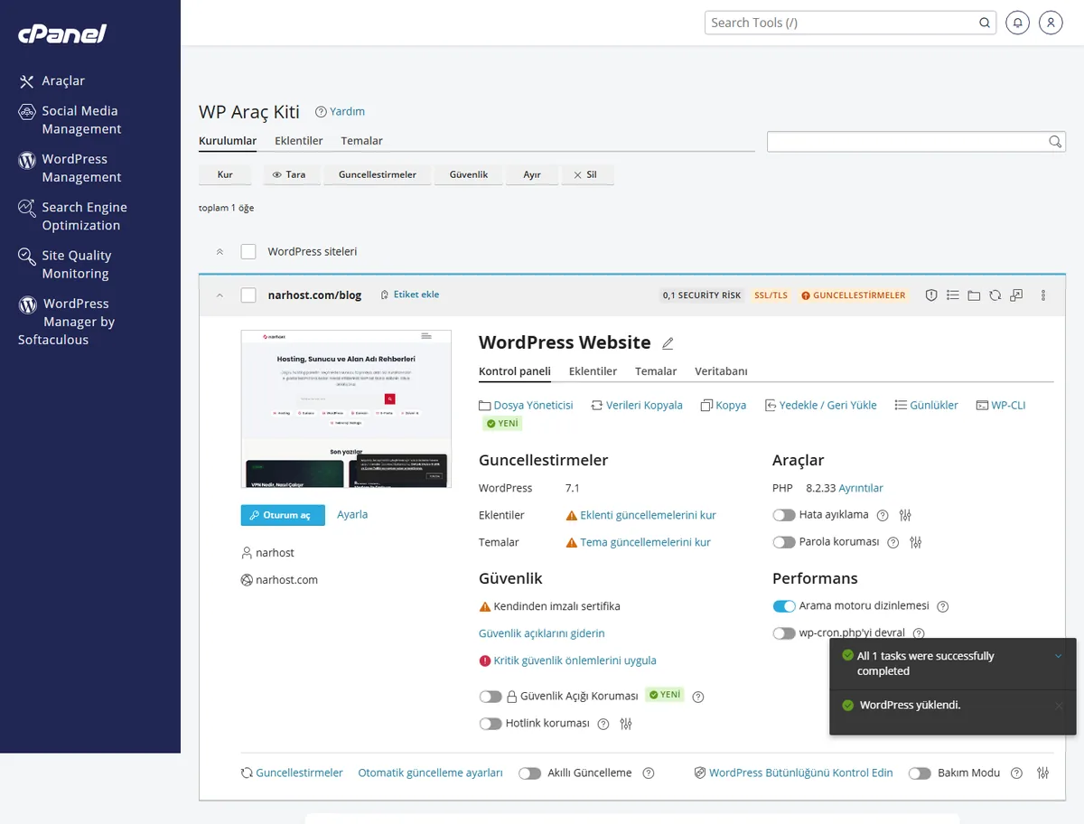 cPanel WP Toolkit ekranı — wordpress sorunları ve çözümleri rehberinde WordPress yönetimi görünümü