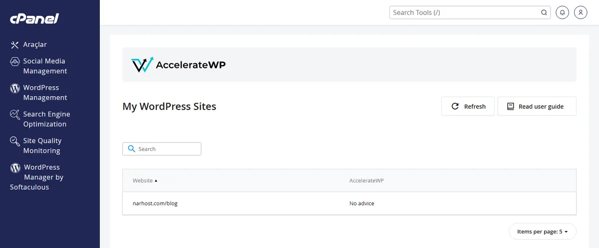 cPanel AccelerateWP ekranında önbelleği temizleme düğmesi