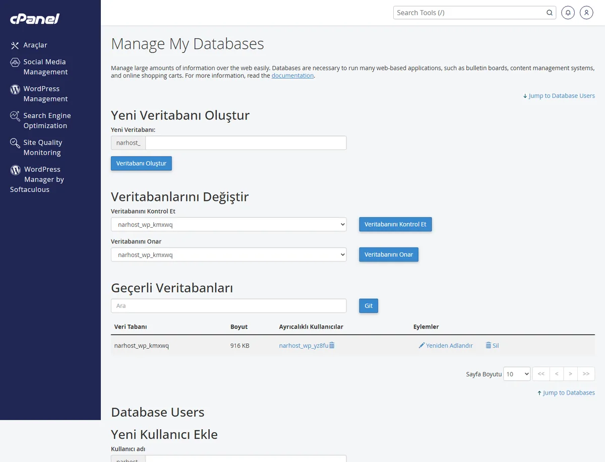 wordpress veritabanı bağlantısı hatası çözümünde kullanılan cPanel MySQL Veritabanları ekranı