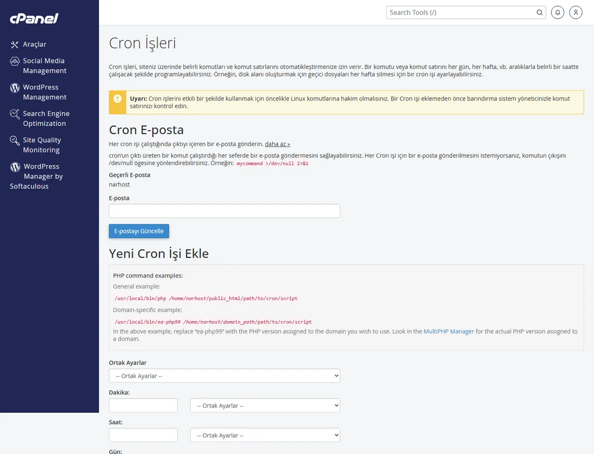 wp cron kapatma sonrası cPanel'de gerçek cron görevi ekleme — Cron İşleri sayfası