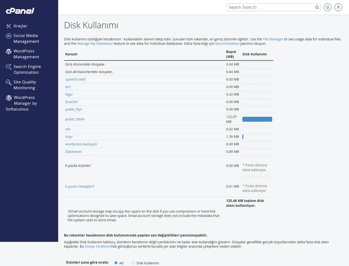 Yedekleme başarısız oldu ne yapmalı — cPanel Disk Kullanımı sayfası