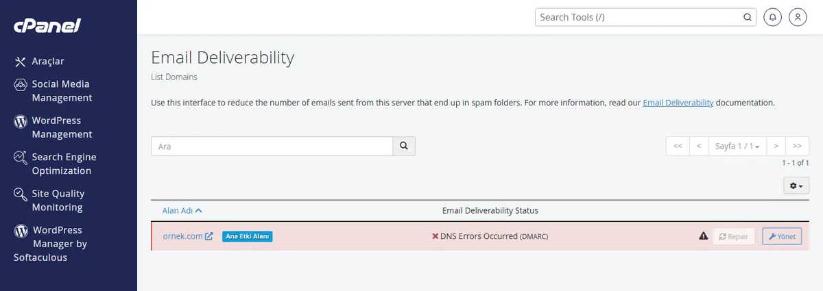 550 5.7.26 hatası için cPanel Email Deliverability ekranında SPF ve DKIM durumu