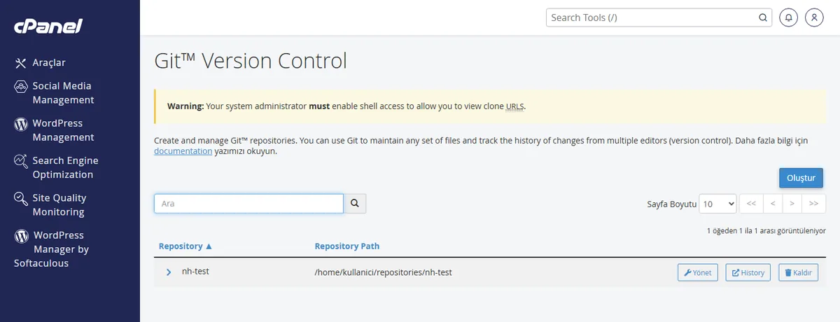 cpanel git deployment için Git Version Control ekranında klonlanmış depo ve Yönet düğmesi