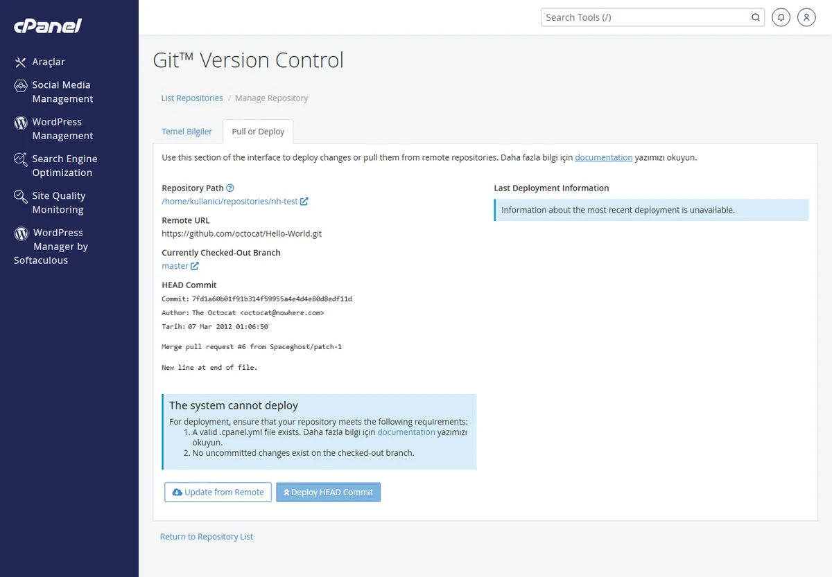 cPanel Git Version Control Pull or Deploy sekmesi — Update from Remote ve Deploy HEAD Commit