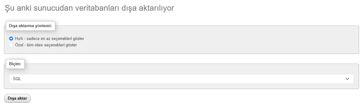 phpmyadmin export hatası çözümü için phpMyAdmin Dışa Aktar sekmesi — Özel ve Gzipped seçenekleri