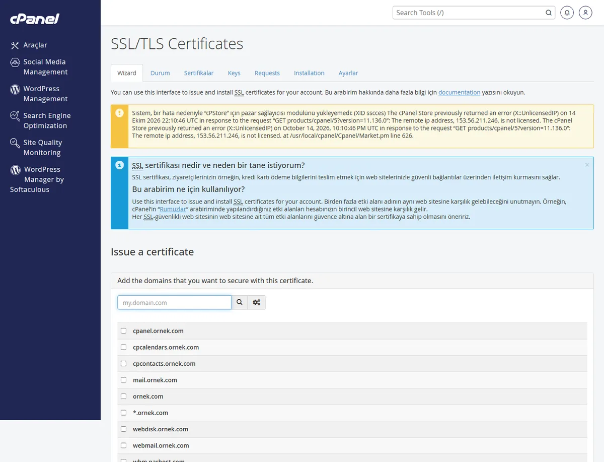 cPanel SSL/TLS Certificates ekranı — ssl sertifikası nasıl yenilenir adımının ilk ekranı