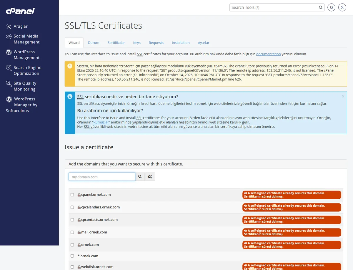 cPanel SSL/TLS ekranında sertifika durumu kontrolü, http https yönlendirme düzeltme öncesi ilk adım