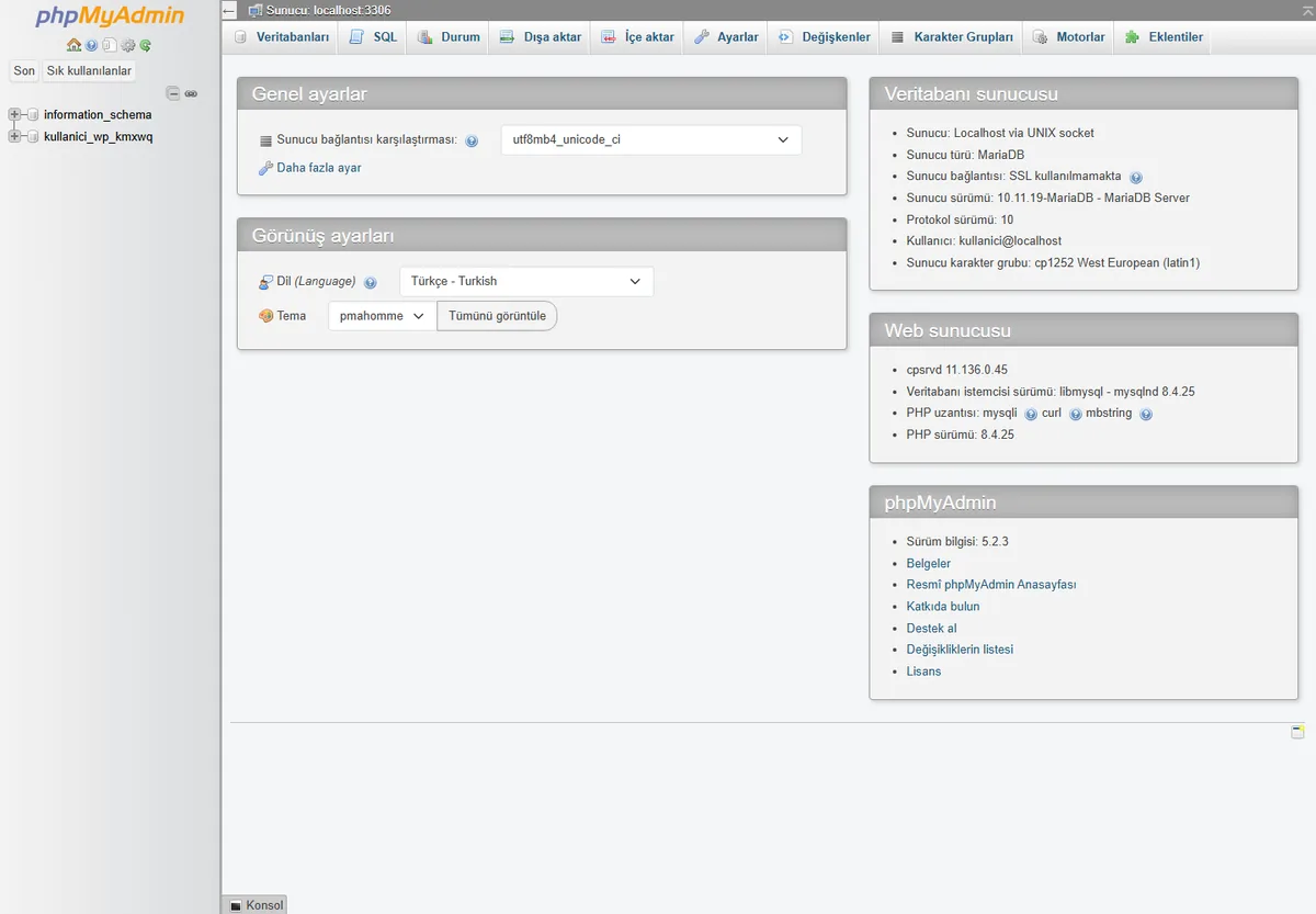 phpMyAdmin ana sayfası — sol menüden veritabanı seçimi