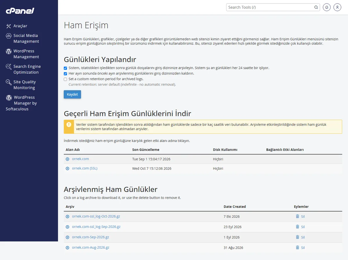 cPanel Ham Erişim sayfası — alan adının erişim günlüğünü indirme